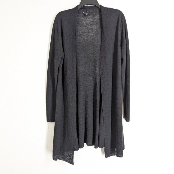 EILEEN FISHER Cardigan Womens M Black Wool Open Witchy Knit Long Sleeve FLAWS - Picture 1 of 12